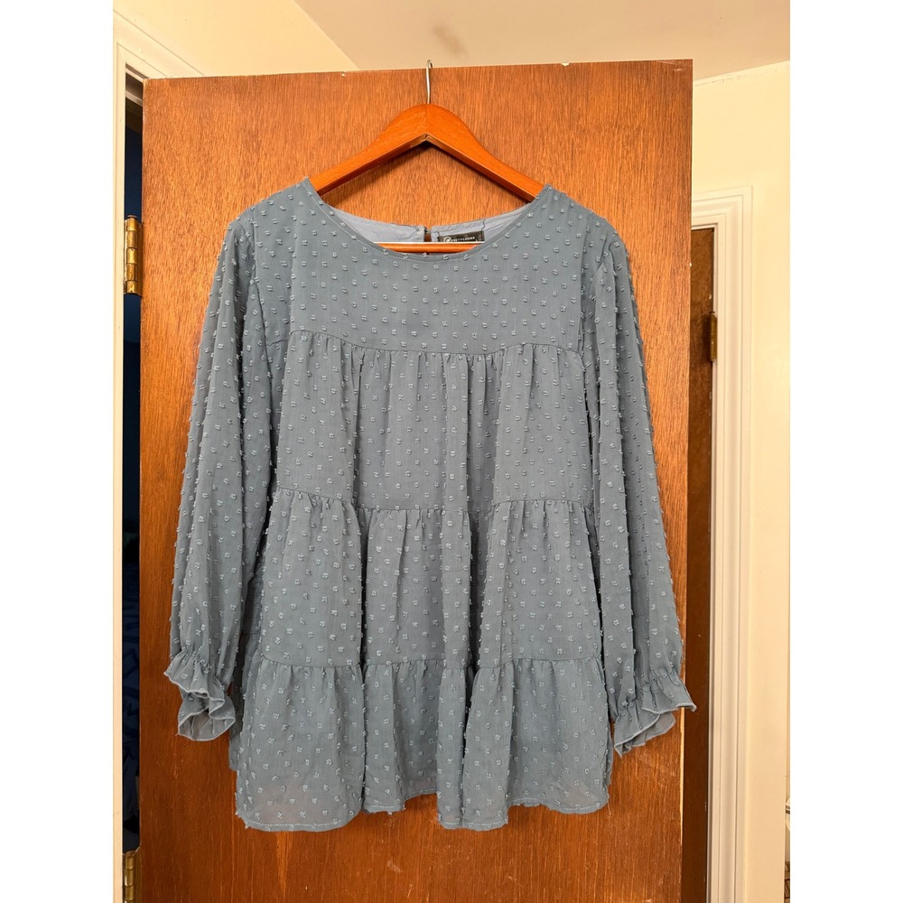 PrettyGarden Blue Swiss Dot Tiered Babydoll Blouse Sheer Long Sleeve Large